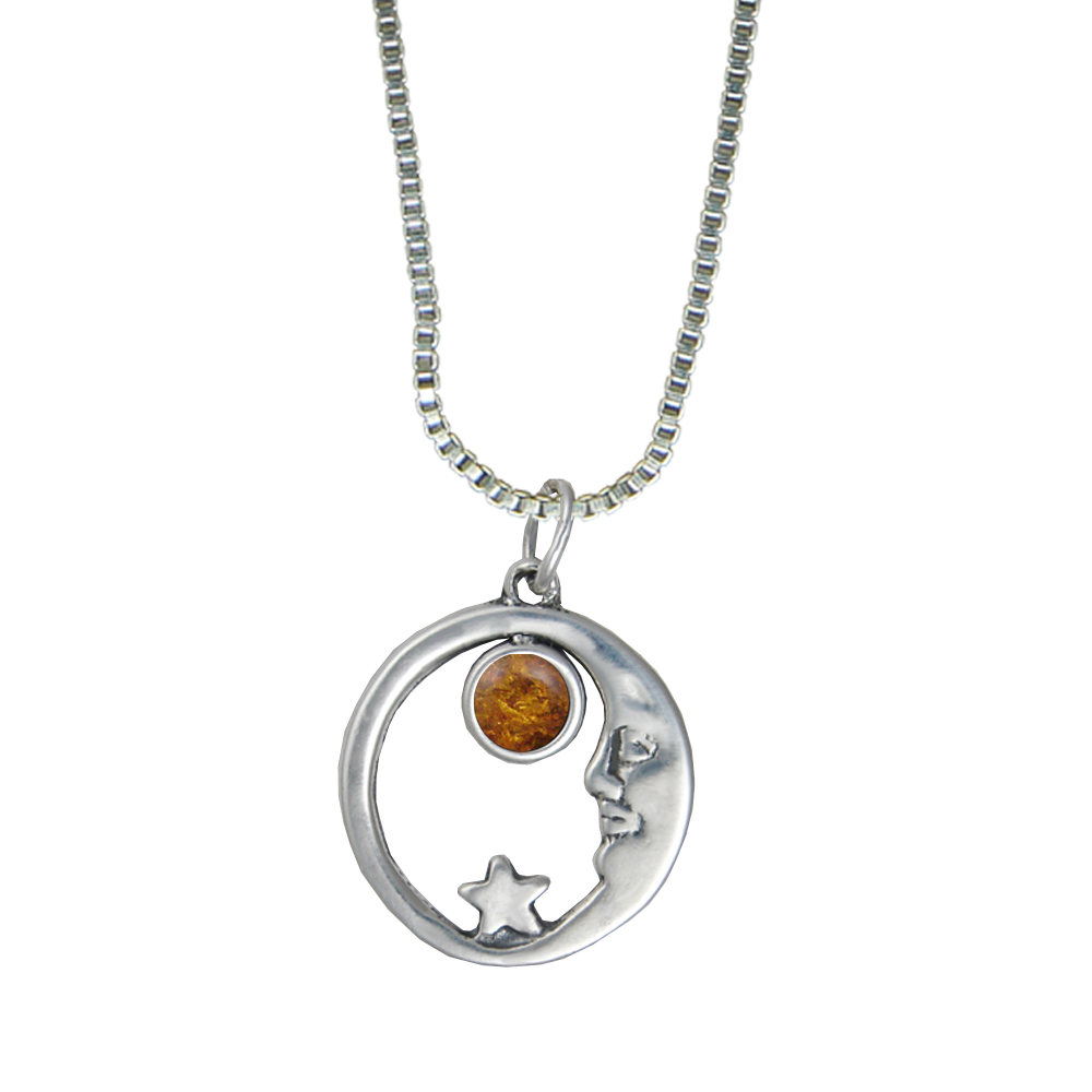 Sterling Silver Lucky Old Moon Pendant With Amber